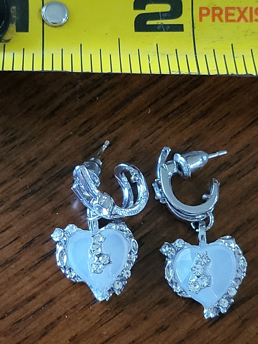 Silver Heart Drop Earrings with White Heart Center